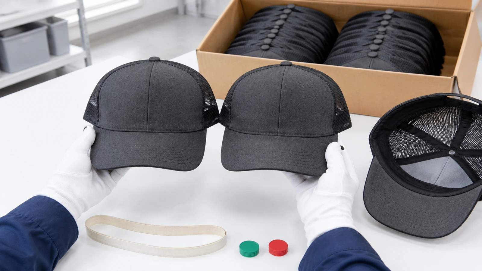 Inspektur membandingkan topi trucker dari lot produksi massal dengan sampel acuan yang tersegel di atas meja inspeksi yang diterangi cahaya siang