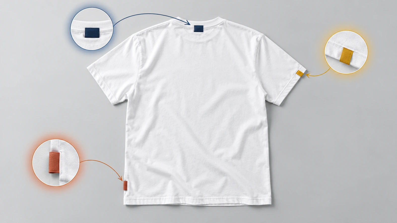 Tampak belakang kaos yang dibentangkan dengan penanda berwarna di tengah belakang leher, kelim samping kiri, dan kelim lengan, memperlihatkan tiga posisi label tenun