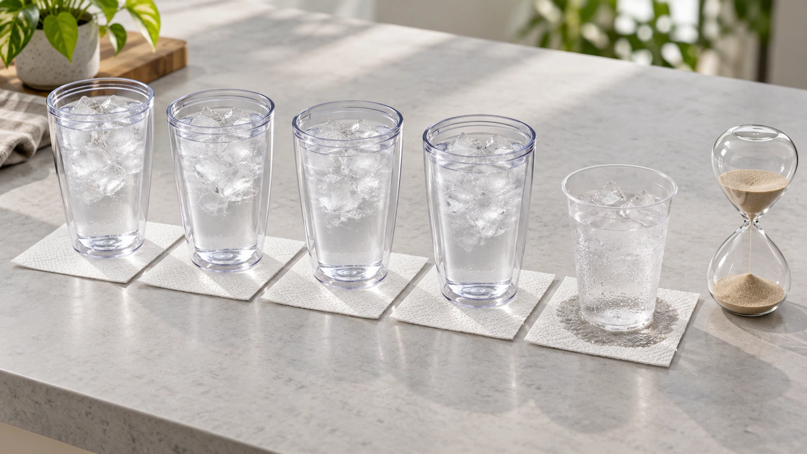 Pengaturan uji di atas meja dengan deretan tumbler plastik dinding ganda kosong yang diisi air es, handuk kertas putih di bawah setiap cangkir, dan jam pasir, dalam cahaya siang yang lembut