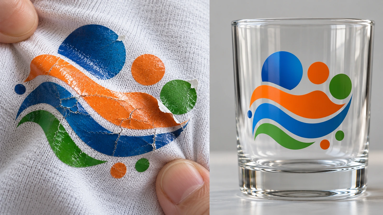Decal UV DTF yang kaku retak dan terangkat pada kain kaus katun yang ditarik, di samping decal UV DTF yang utuh pada tumbler kaca yang halus