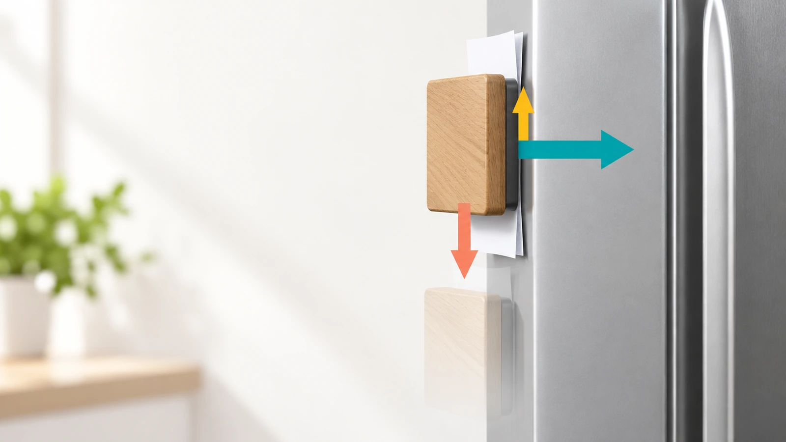 Diagram magnet kayu pada pintu baja vertikal dengan anak panah yang menunjukkan gaya jepit magnetis, berat ke bawah, dan gesekan ke atas