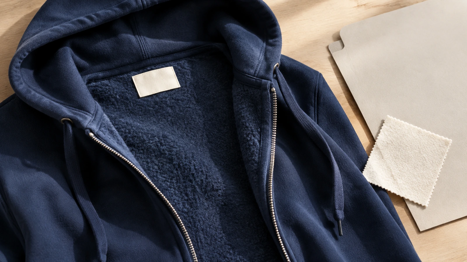 Foto jarak dekat bagian dalam leher hoodie fleece ritsleting penuh yang memperlihatkan label kain terjahit dan bagian dalam yang disikat dan terbuka di sepanjang ritsleting, menggambarkan pemeriksaan sifat mudah terbakar dan pelabelan