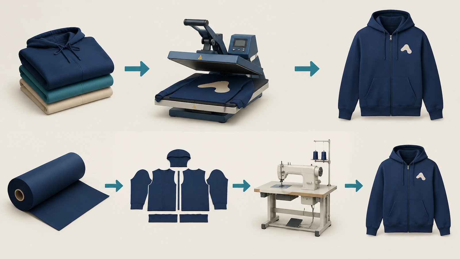 Dua jalur produksi hoodie kustom: hoodie blank stok terlipat yang langsung menuju stasiun dekorasi, dibandingkan dengan gulungan kain yang dipotong menjadi panel datar dan dijahit menjadi hoodie ritsleting penuh