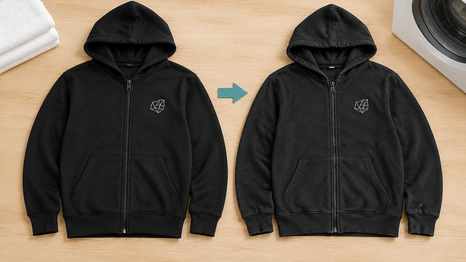 Sampel hoodie pra-produksi ditampilkan sebelum dan sesudah uji cuci, dengan dekorasi dada kiri tetap rata dan utuh serta plaket ritsleting diperiksa kebergelombangannya