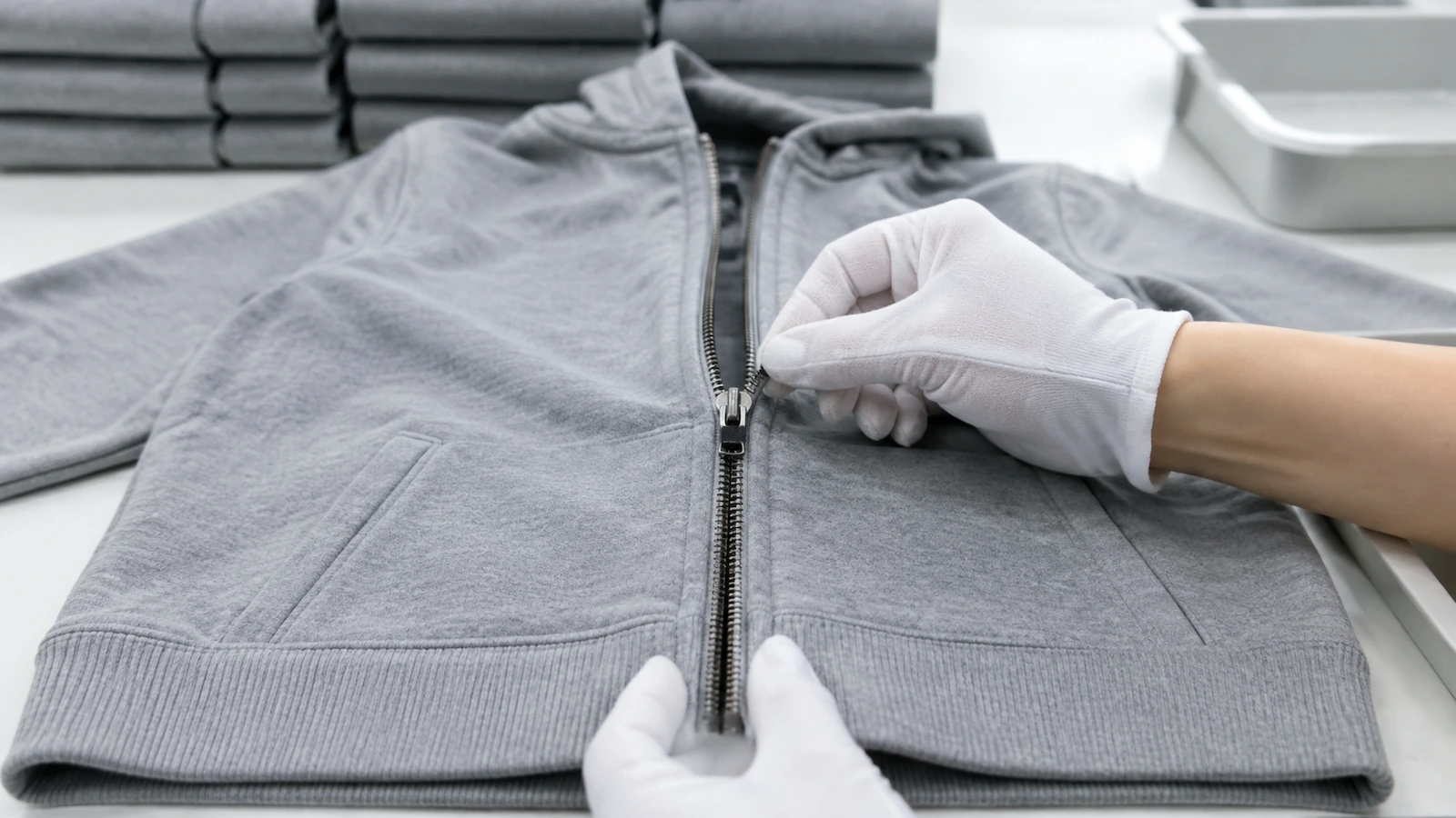 Tangan inspektur pengendalian mutu menggerakkan ritsleting hoodie sepanjang seluruh rentangnya di meja inspeksi, memeriksa bahwa plaket tetap rata dan kelim sejajar