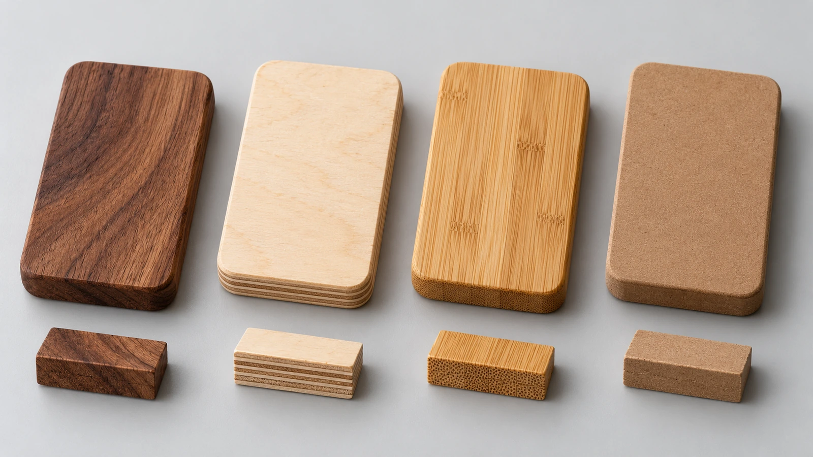 Empat blanko gantungan kunci kayu berdampingan yang memperlihatkan serat kayu keras solid, tepi kayu lapis birch berlapis, bambu, dan MDF yang halus dan seragam
