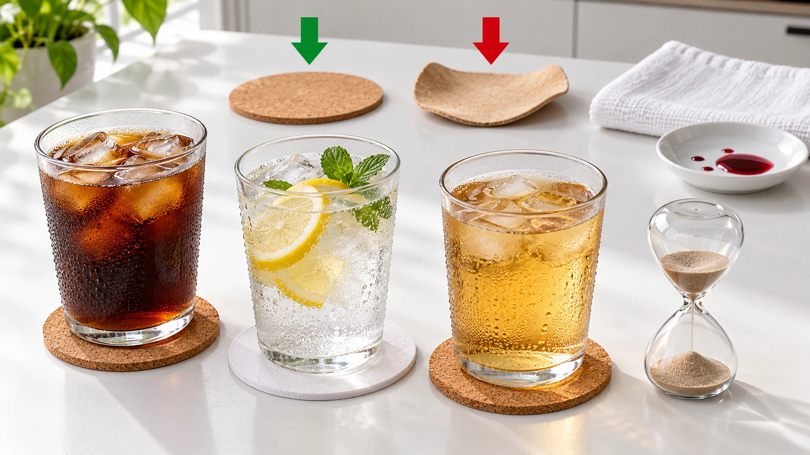 Pengaturan uji sampel dengan gelas es di atas koaster gabus dan pulpboard, jam pasir, dan koaster rata dibandingkan dengan koaster yang melengkung