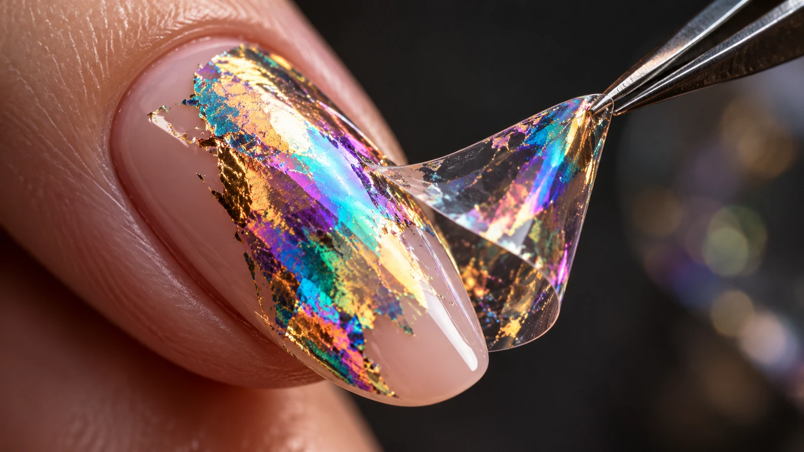 Tampilan makro transfer foil logam holografik pada kuku gel yang memperlihatkan kedalaman berubah warna pada permukaan datar