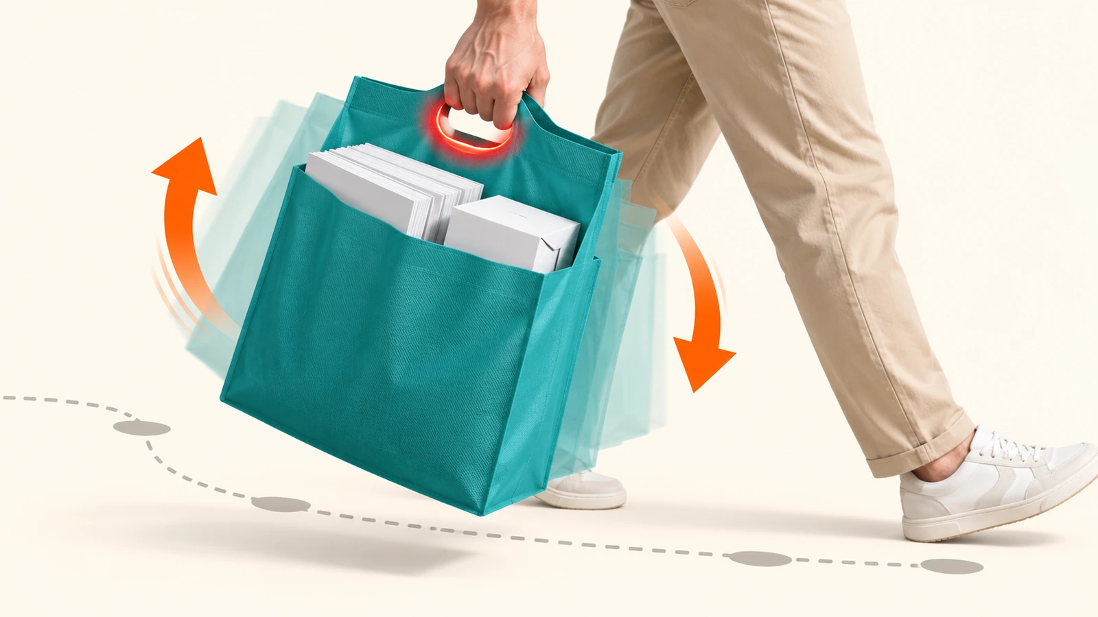 Tangan mengangkat tas non-woven datar yang sudah diisi dengan pegangan berlubang, dengan panah melengkung yang menunjukkan gaya angkat dan ayunan yang terkonsentrasi di tepi pegangan