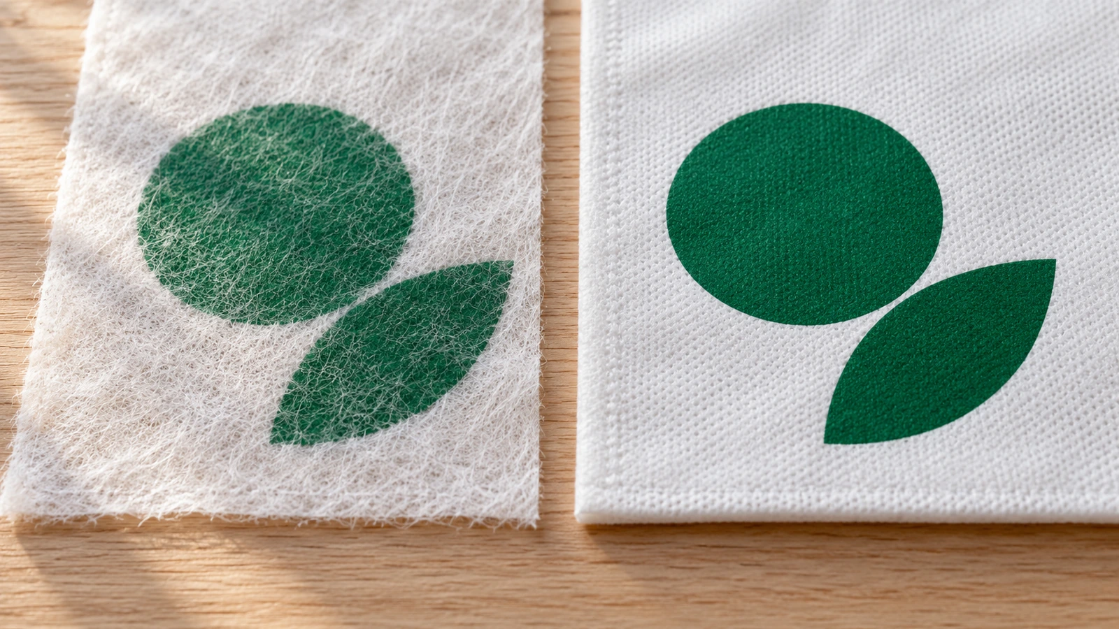 Close-up logo geometris yang dicetak sablon pada tas non-woven ringan di samping bentuk yang sama yang dicetak pada tas non-woven yang lebih berat, memperlihatkan tepi yang lebih tajam pada kain yang lebih padat