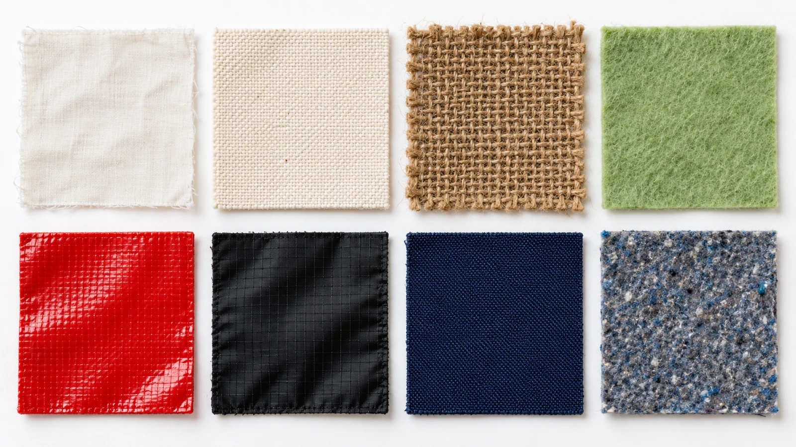 Delapan contoh kain tas tote yang disusun dalam bentuk grid: katun, kanvas, jute, PP non-woven, PP berlaminasi, nilon, poliester, dan poliester daur ulang