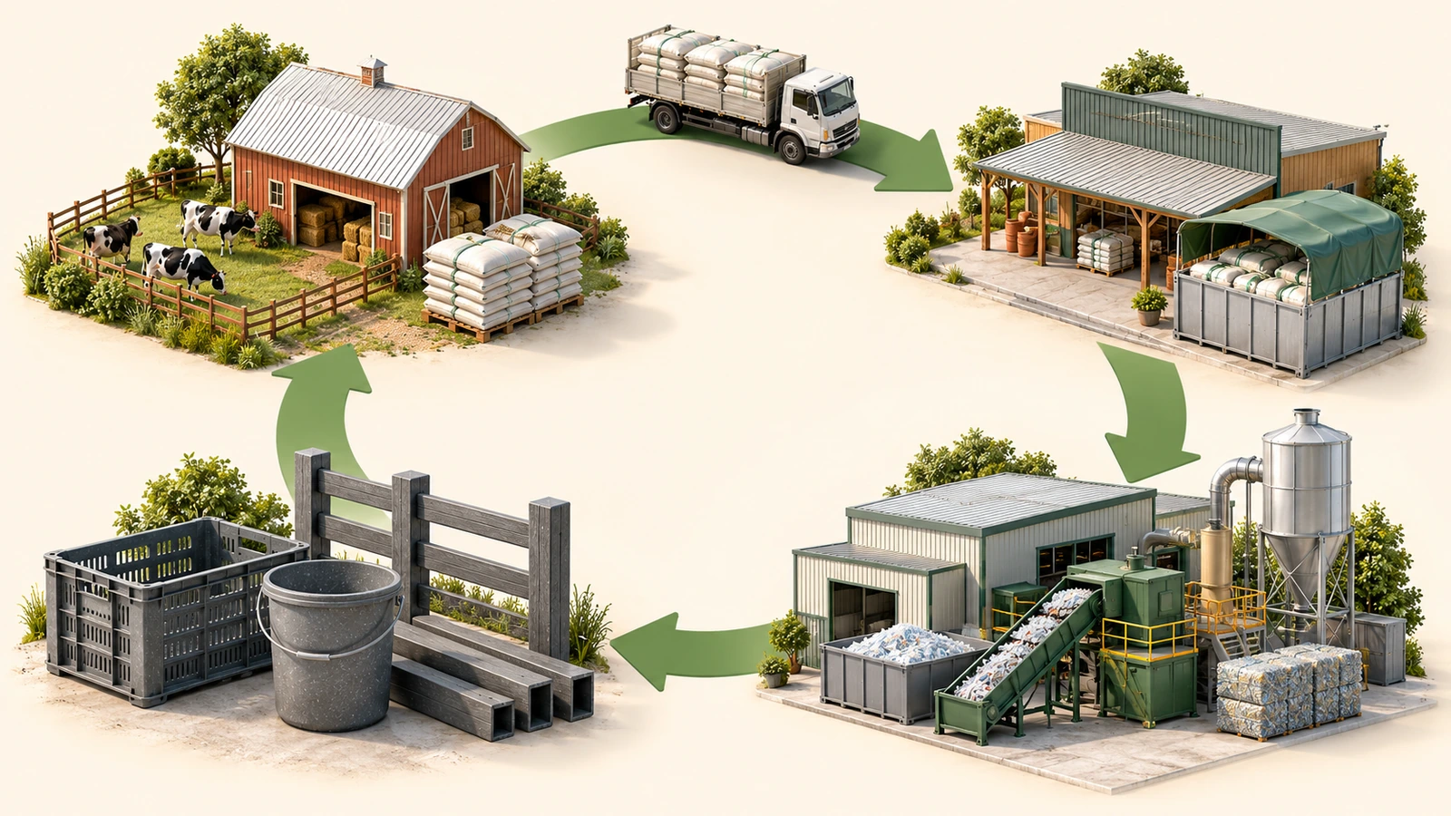 Diagram loop take-back sirkular yang menampilkan peternakan, kontainer pengumpulan distributor, pabrik daur ulang, dan produk baru yang terhubung dengan panah