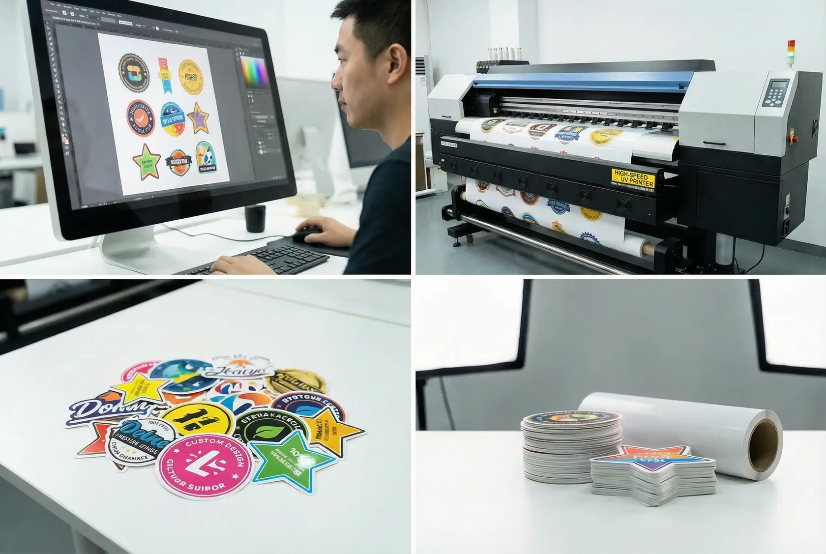 Proses pencetakan stiker kustom menunjukkan transformasi dari desain digital menjadi stiker vinyl jadi