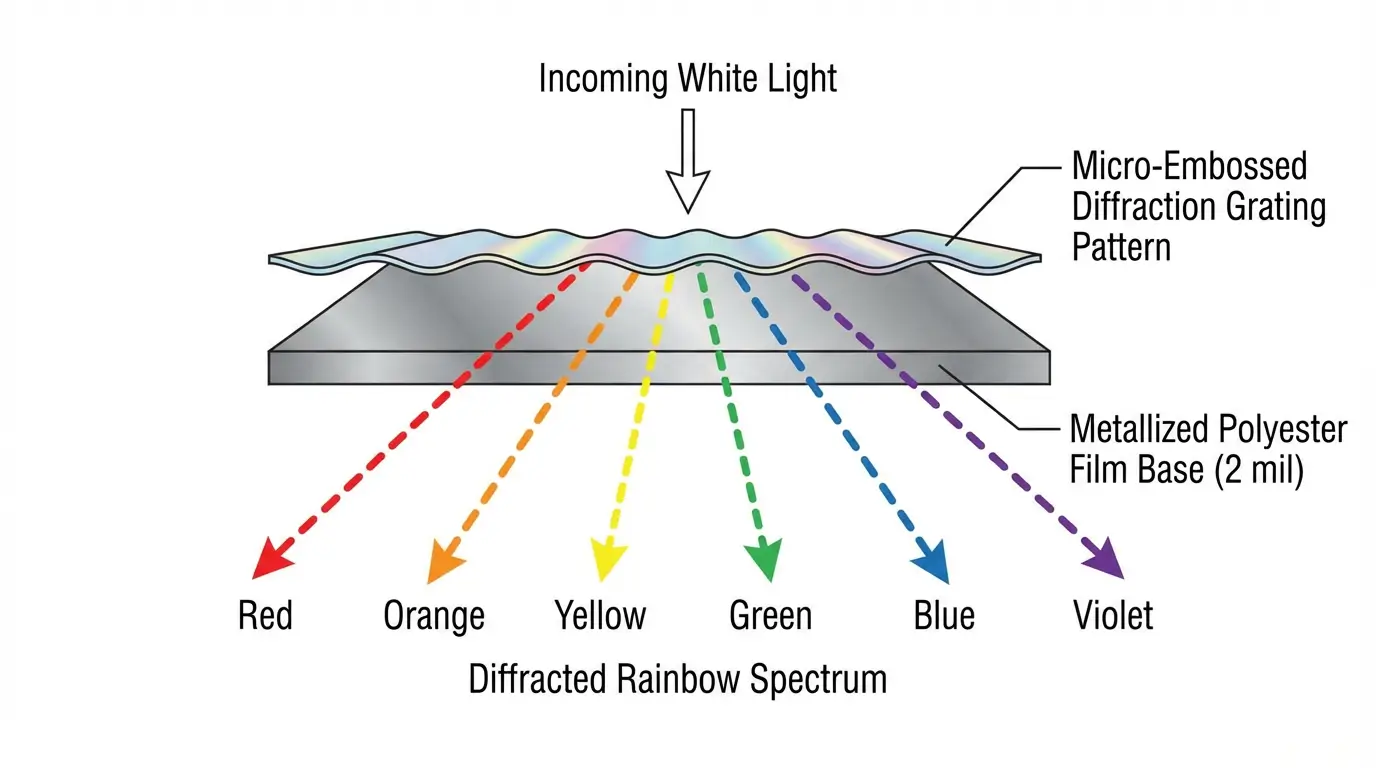Holographic sticker cross-section showing metallized polyester layers and light diffraction mechanism