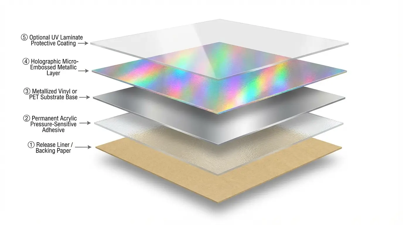 Exploded view of holographic vinyl showing base material, metallic layer, and protective laminate