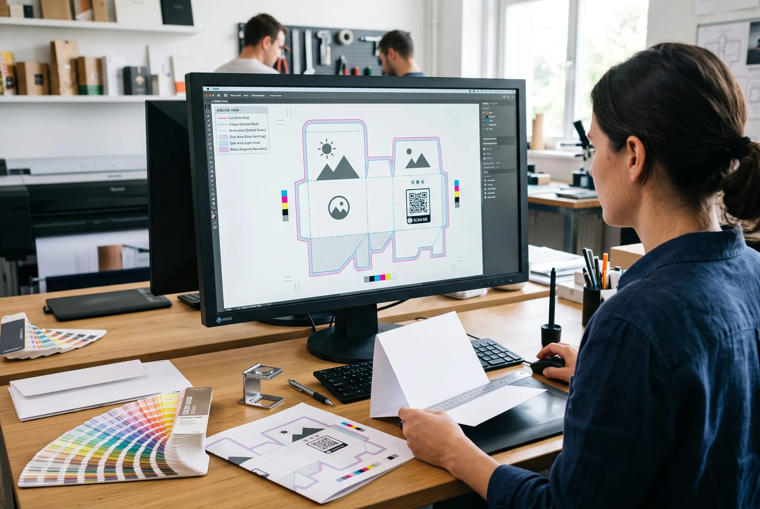 Desainer kemasan memeriksa dieline display meja dengan pengecekan bleed, crease, lem, warna, font, dan kode QR