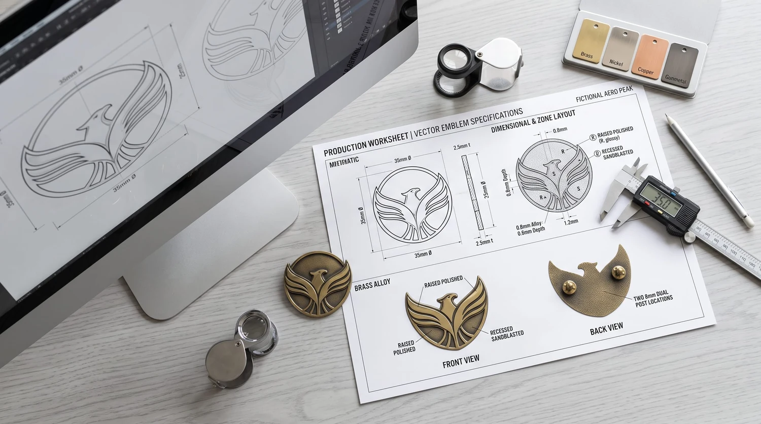 Pemeriksaan pra-produksi karya seni untuk pin logam yang dicetak tekan dengan dies Pemeriksaan pra-produksi karya seni vektor untuk pin kustom yang dicetak tekan dengan dies, lengkap dengan dimensi, zona relief, catatan pelapisan, dan posisi pasak