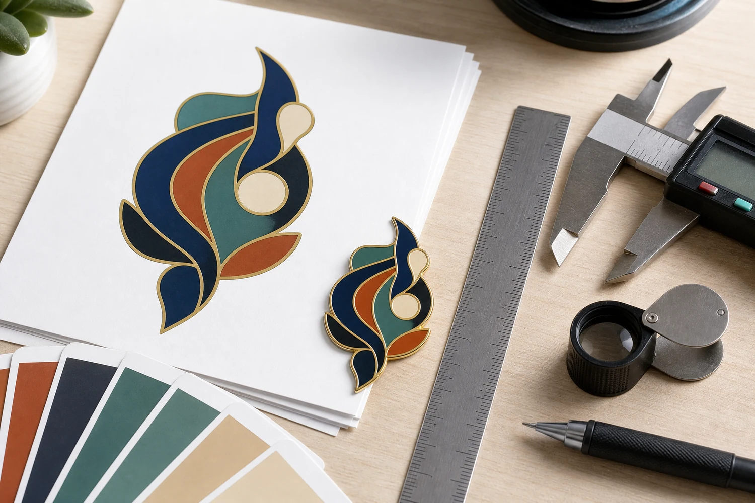 Desainer memeriksa path vektor, keterangan Pantone, lebar garis, ukuran teks, dan lokasi post sebelum produksi pin