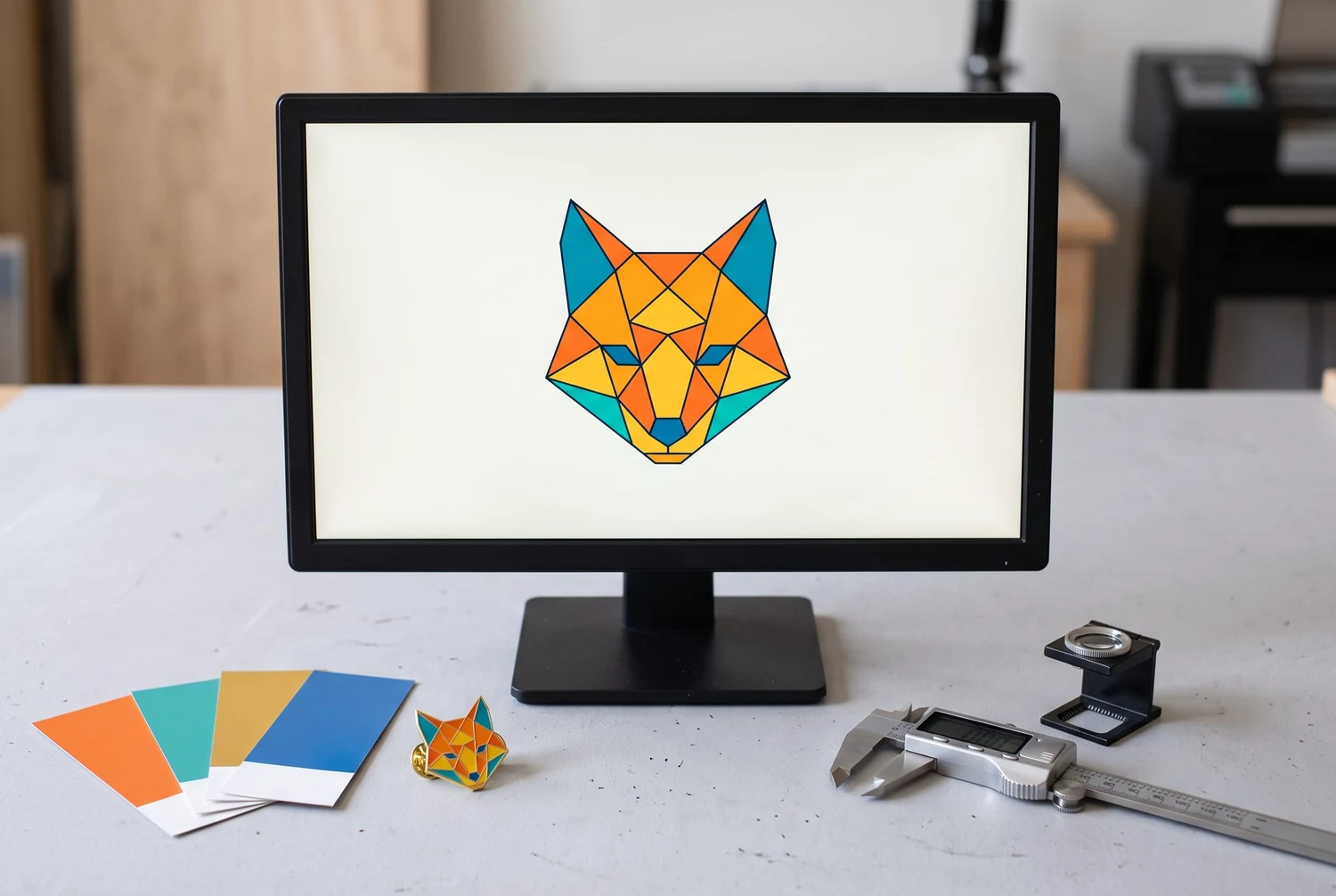 Artwork rubah geometris di layar monitor dengan contoh warna, pin yang cocok, dan alat ukur di atas meja