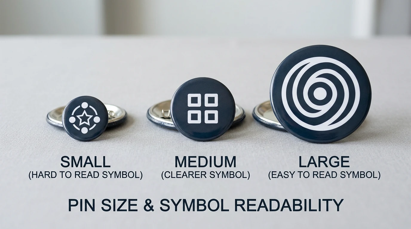 Perbandingan pinback button berukuran satu inci, satu setengah inci, dua seperempat inci, dan tiga inci dengan karya desain yang terbaca