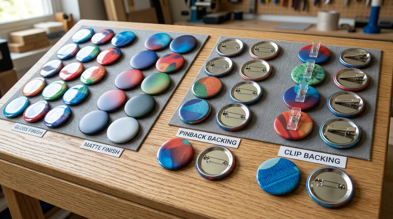 Button kustom gloss dan matte yang ditampilkan bersama opsi bagian belakang berupa pin standar, magnet, klip bulldog, dan magnet kulkas