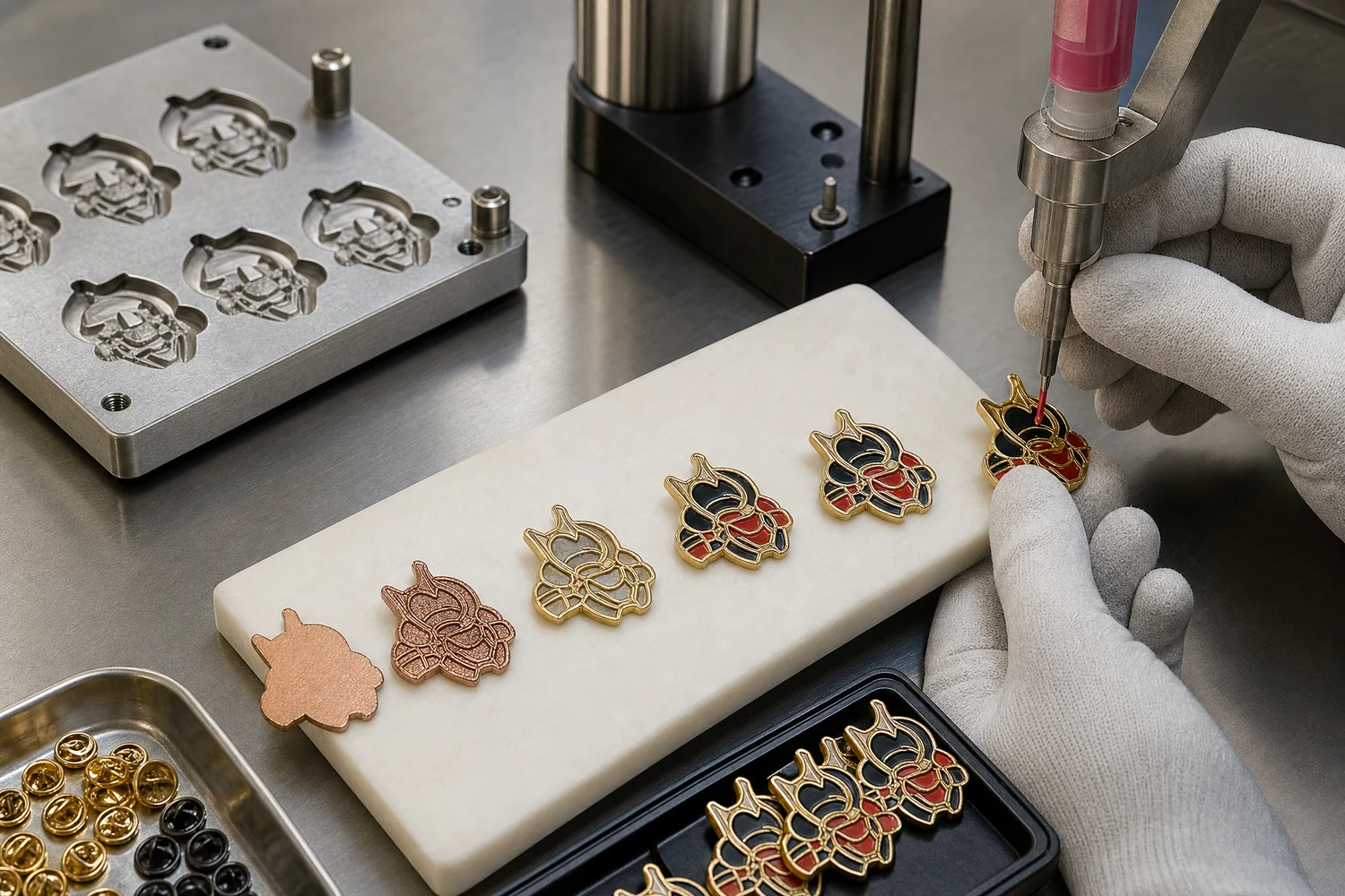 Urutan produksi pabrik untuk pin soft enamel, dari tooling logam dan pelapisan hingga pengisian warna dan pengeringan