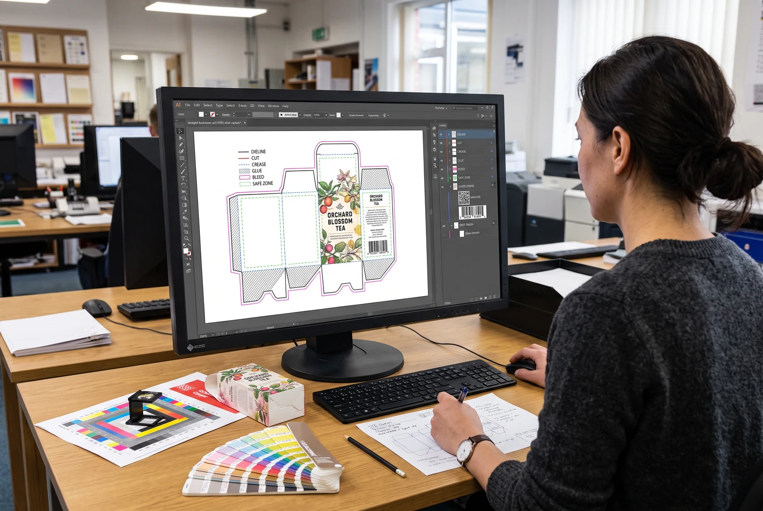 Desainer memeriksa dieline kemasan cetak di monitor, di samping contoh warna