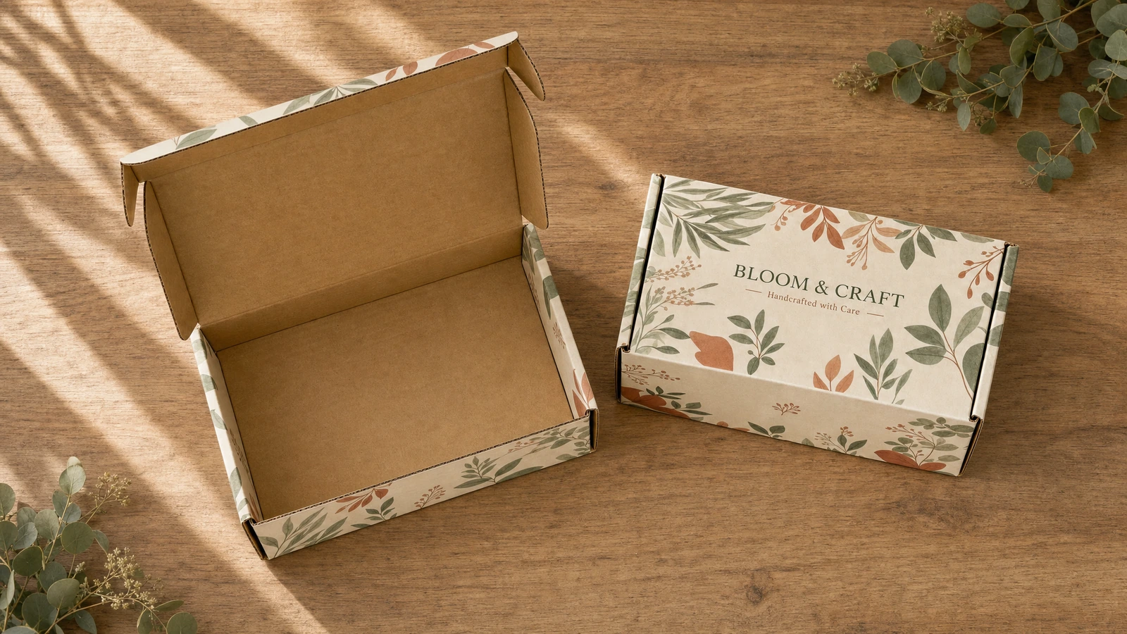 Buka mailer interior kraft di samping mailer cetak botani tertutup di atas meja kayu