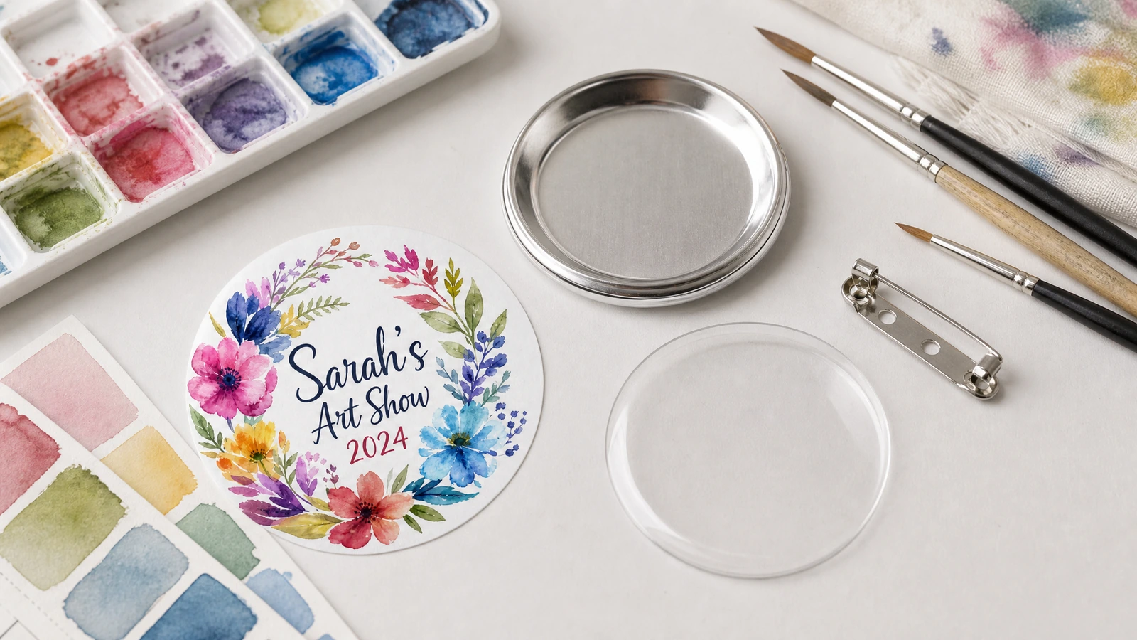Skenario pembelian dan penggunaan pinback button kustom Pinback button kustom ditata untuk pameran, program sekolah, penggalangan dana, dan pajangan merchandise seniman