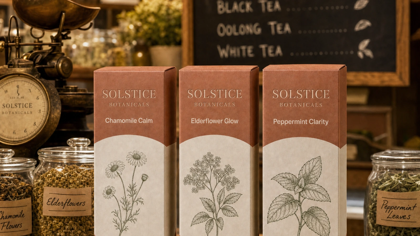 Tiga kotak teh botani dipajang di samping toples kaca berisi herba kering