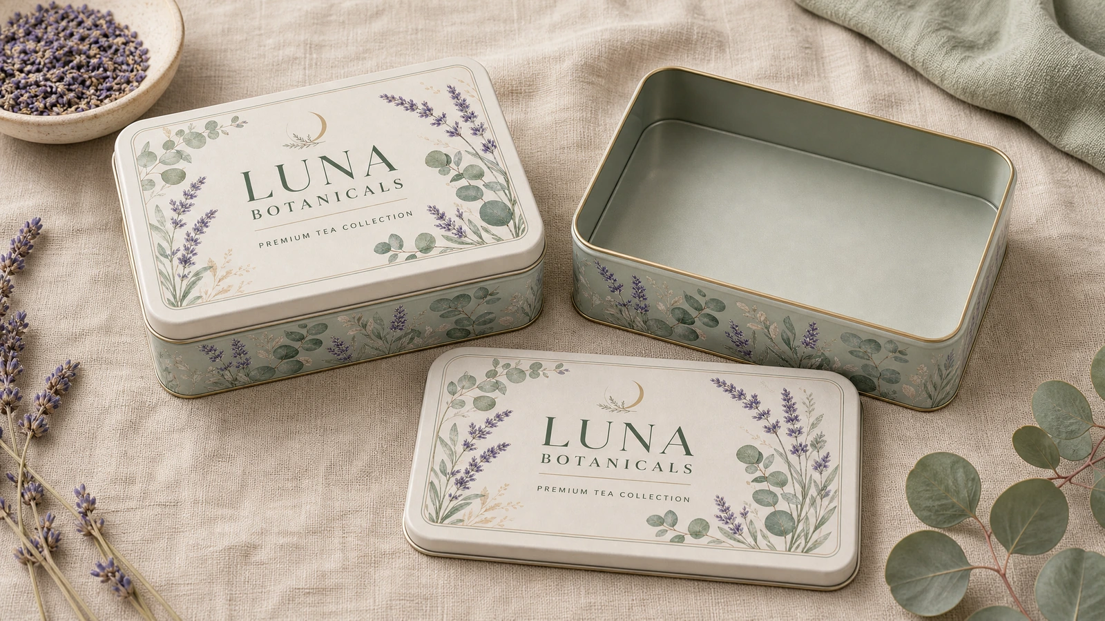 Kotak kaleng dua bagian kustom berdimensi dengan penanda ruang bebas internal, tumpang tindih tutup, area aman desain grafis, dan keterbacaan label