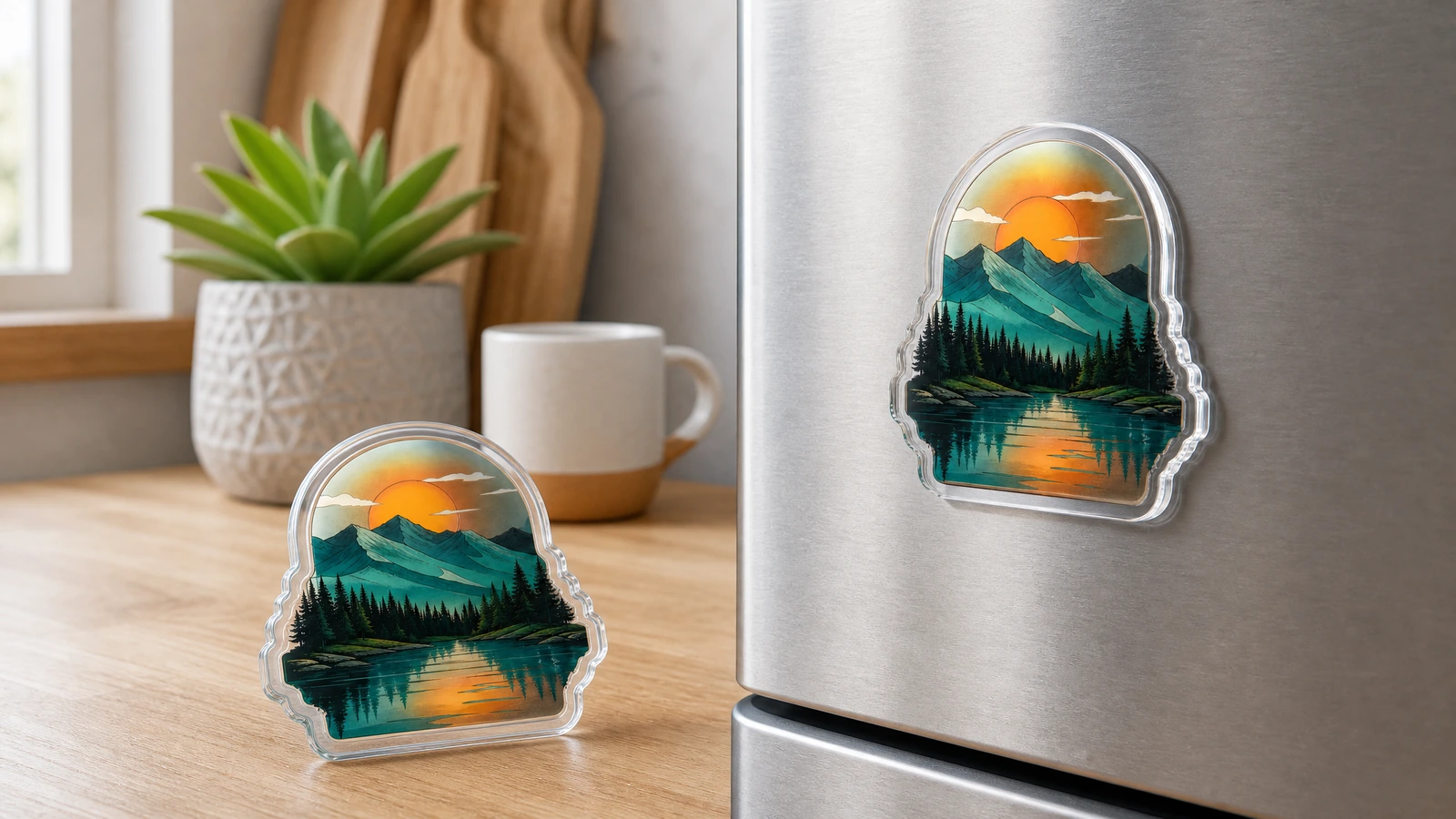 Magnet akrilik lanskap dipajang di meja dapur dan lemari es