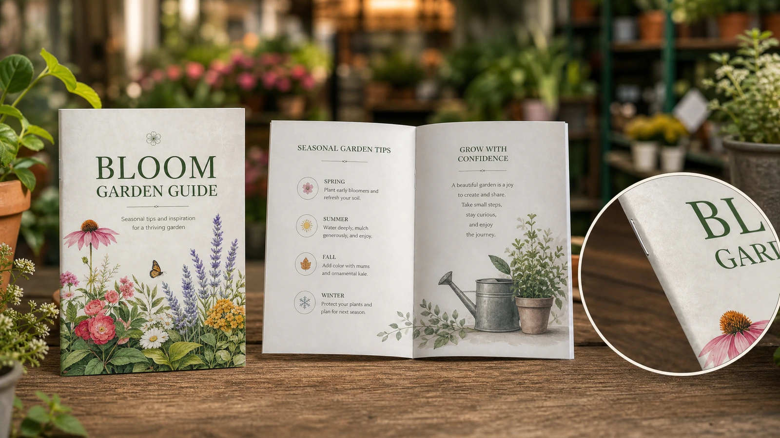 Sampul buklet panduan taman dan isi terbuka dengan detail tepi halaman yang disisipkan