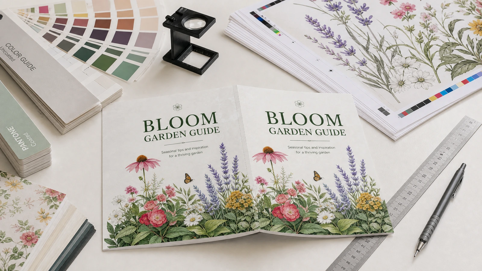 Sampul dan lembar cetak panduan taman di samping contoh warna, penggaris, dan kaca pembesar cetak