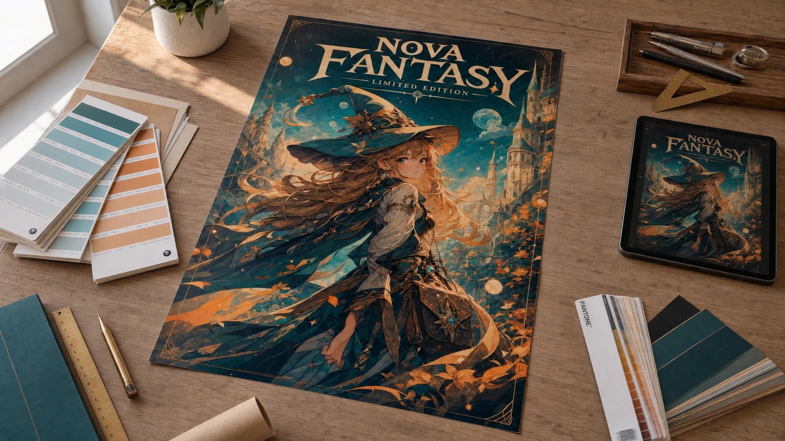 Karya seni poster fantasi dan perencanaan warna Poster seni fantasi di atas meja di samping tablet, contoh warna, dan alat gambar