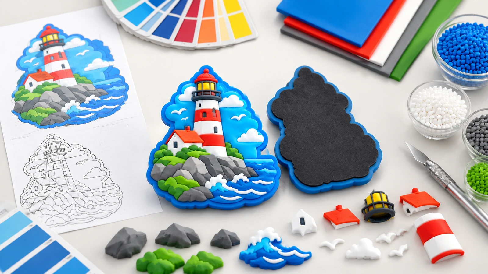 Magnet mercusuar ilustratif dengan desain grafis, contoh warna, bagian belakang hitam, dan komponen dekoratif terpisah