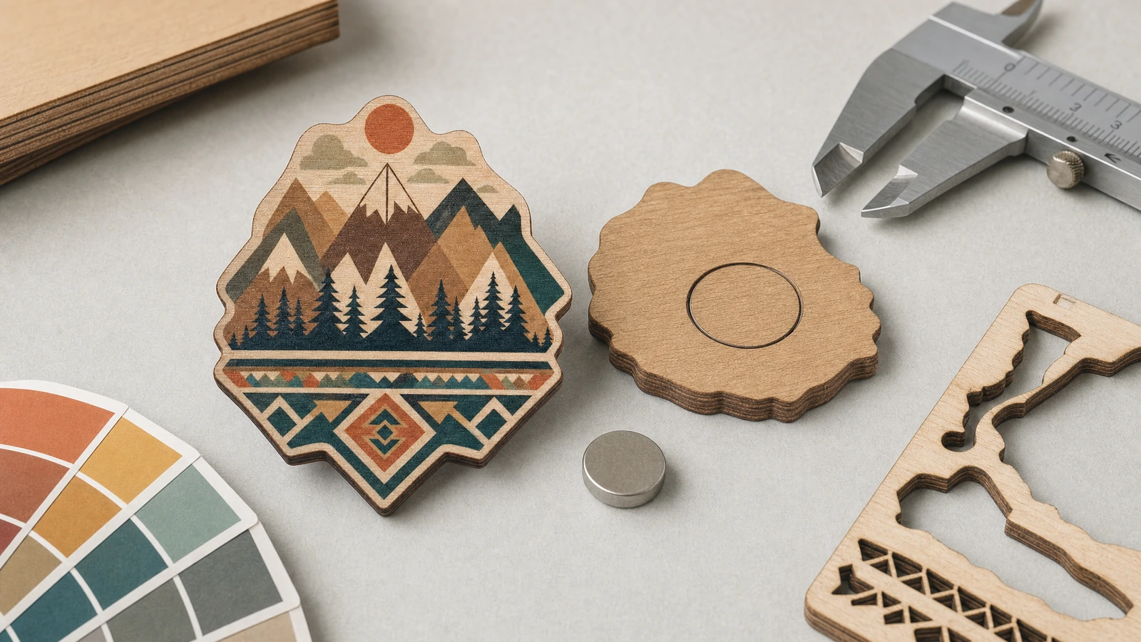 Ilustrasi magnet kayu bermotif gunung, bagian belakang, magnet lepas, dan jangka sorong di atas permukaan kerja