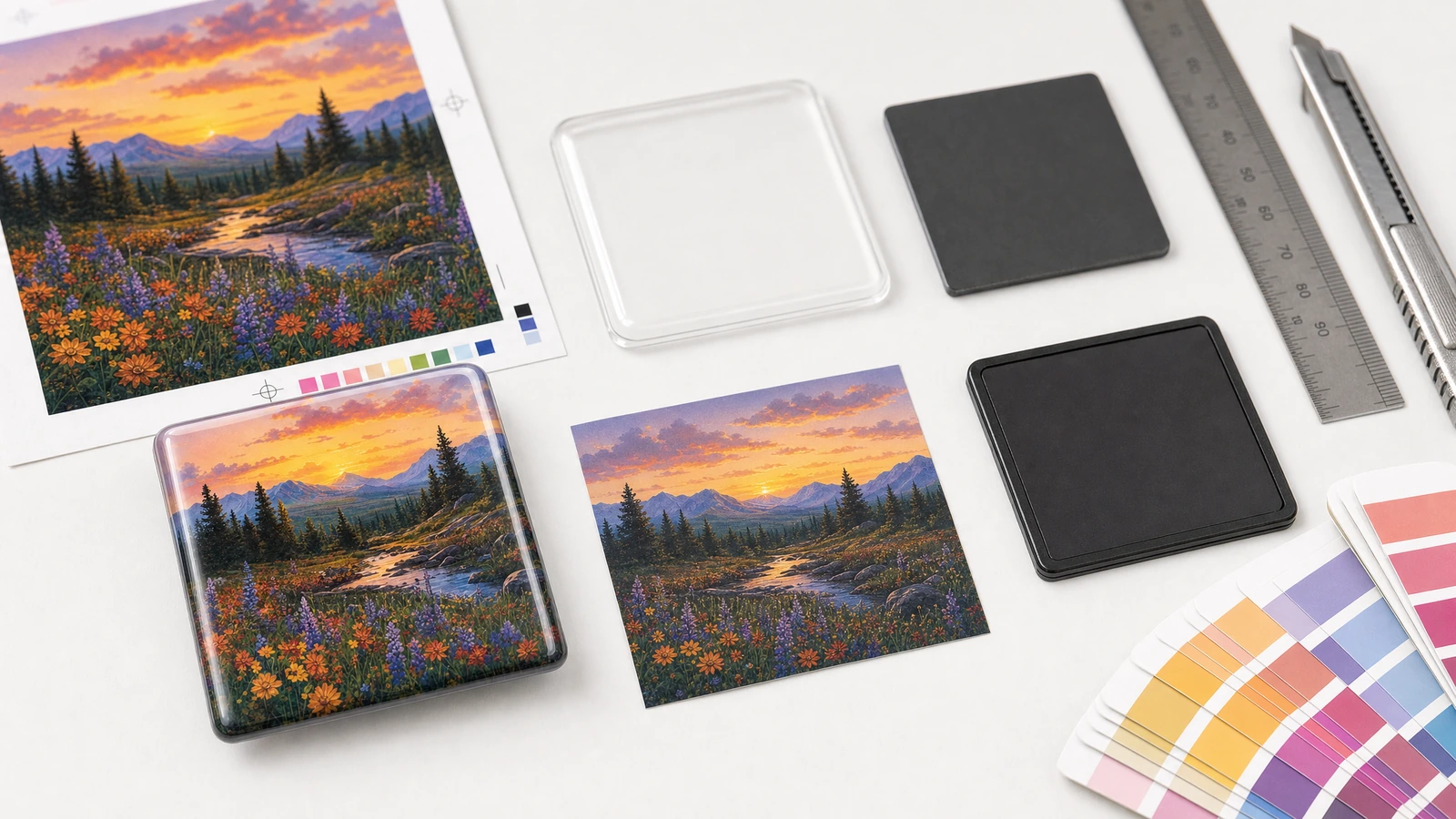 Ilustrasi magnet lanskap, gambar cetak, permukaan depan bening, dan bagian belakang hitam di samping alat desain