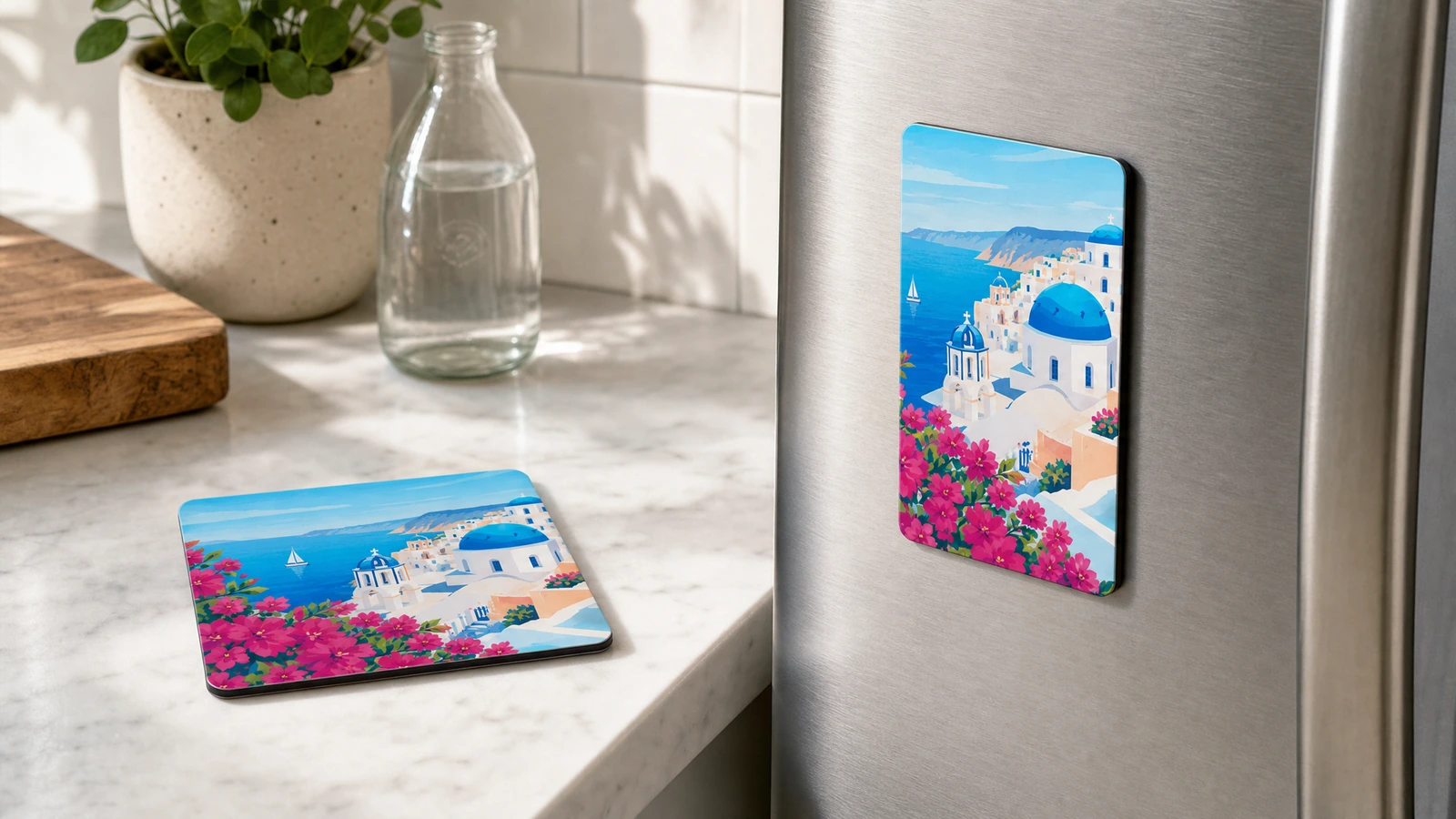Magnet bertema pantai yang serupa dipajang datar di meja dapur dan tegak di lemari es