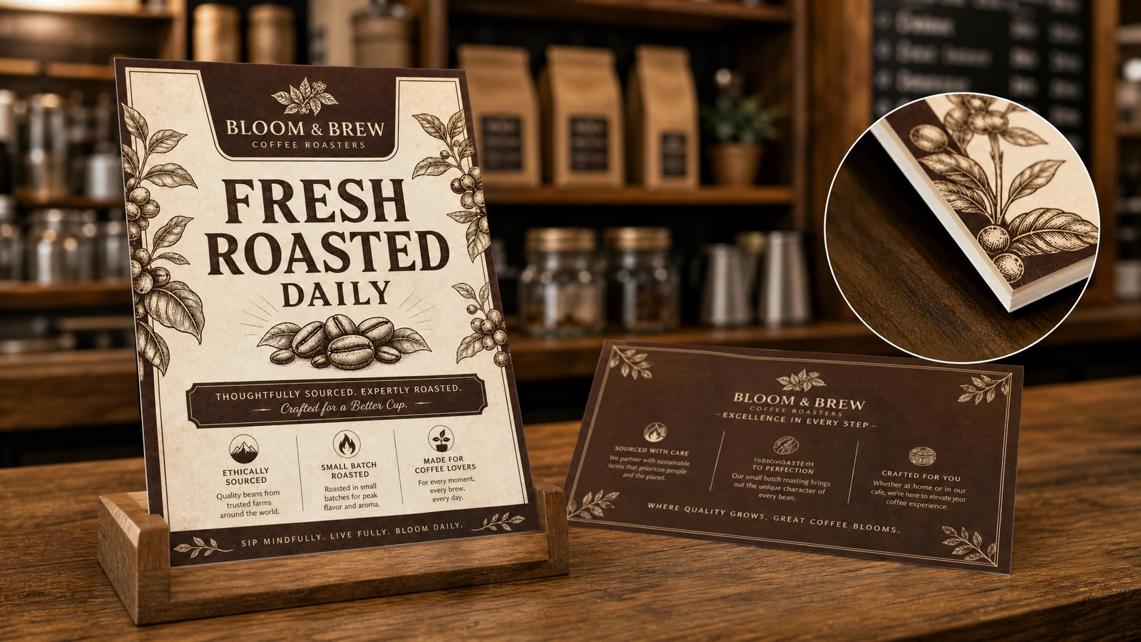 Ilustrasi flyer kopi dalam penyangga kayu di samping kartu horizontal yang serasi dan detail tepi yang disisipkan