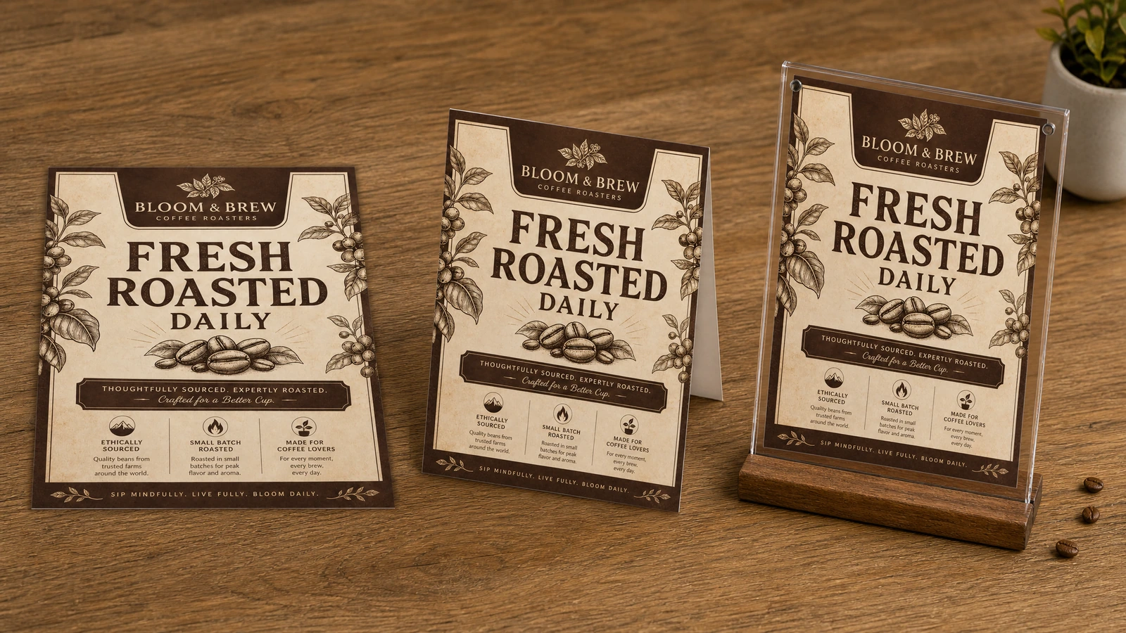 Ilustrasi flyer promosi kopi yang dipajang datar, berdiri, dan dalam penyangga kayu