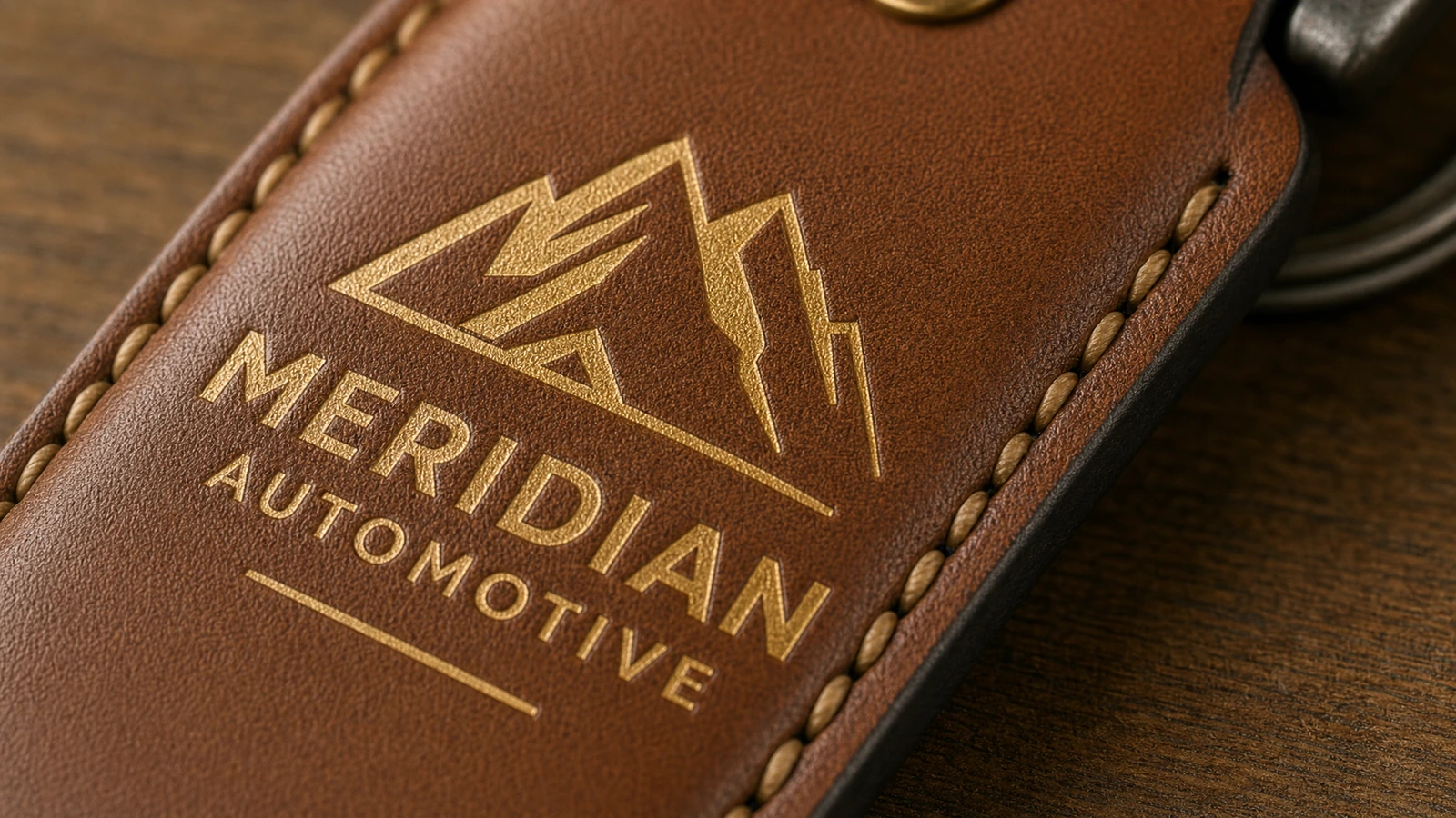Foto close-up gantungan kunci kulit cokelat berjahit dengan emblem gunung berwarna emas dan tulisan Meridian Automotive
