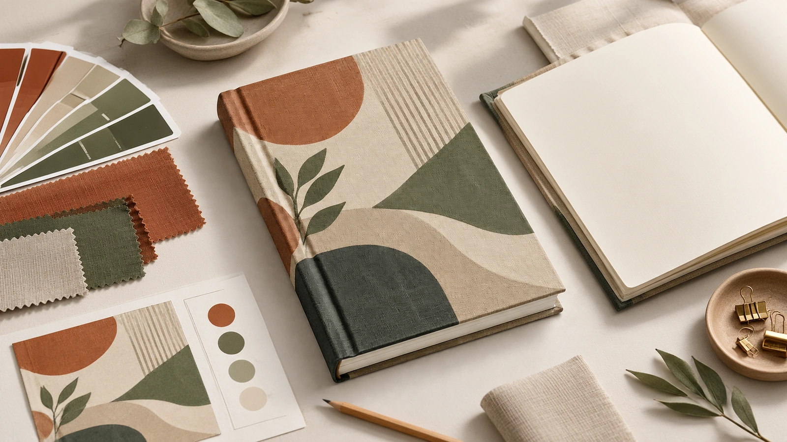 Konsep desain buku catatan bersampul kain Ilustrasi buku catatan bersampul kain bermotif dan buku catatan kosong terbuka di samping contoh kain dan referensi warna