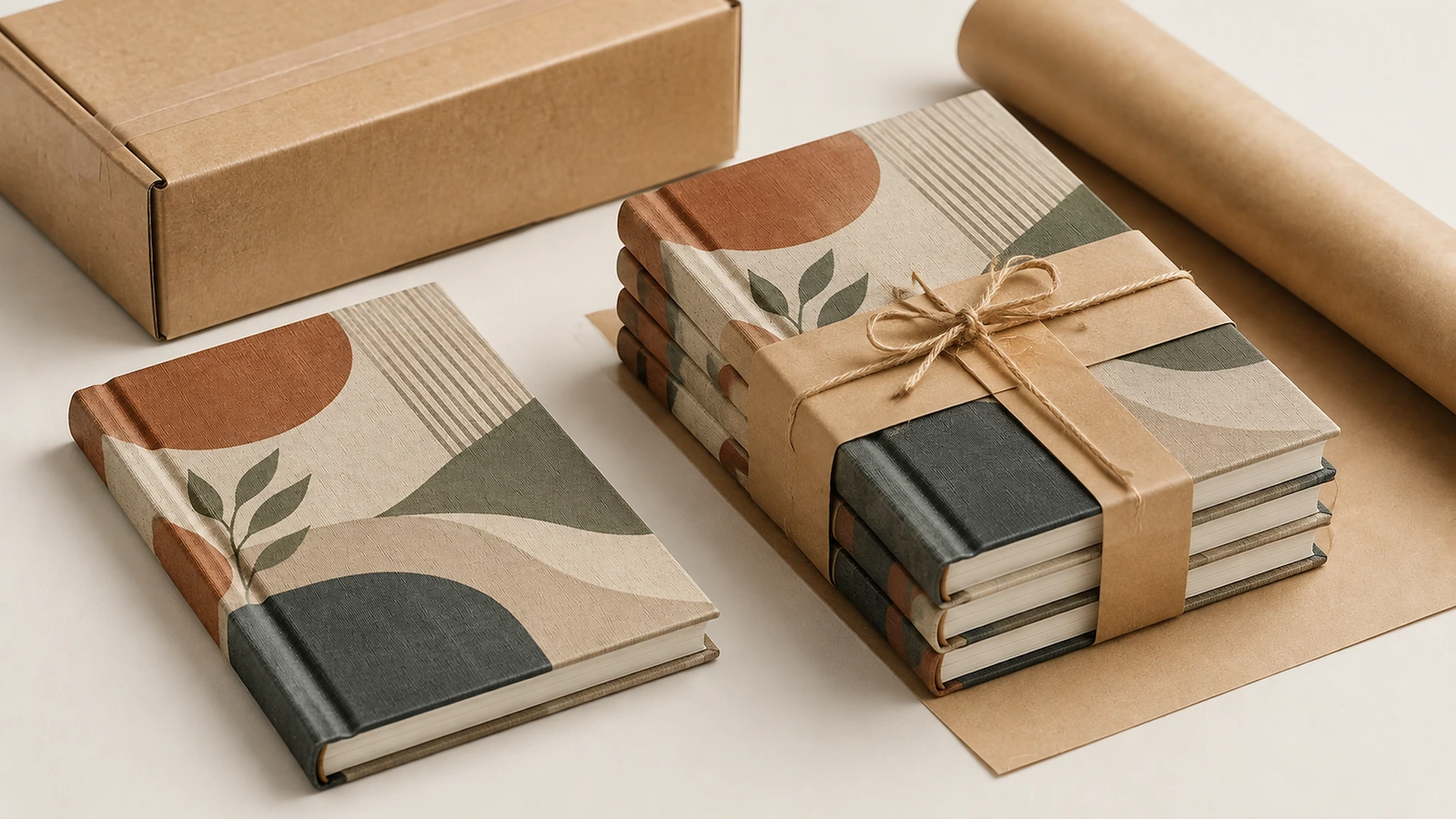 Buku catatan dengan bahan kemasan kraft Ilustrasi tumpukan buku catatan dengan pita kraft dan tali di samping karton dan kertas kemasan