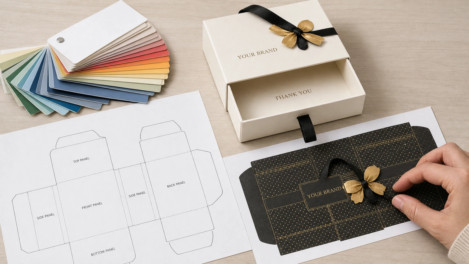 Tata letak artwork konsep dengan contoh warna, wrap cetak datar, dan baki kotak hadiah terbuka