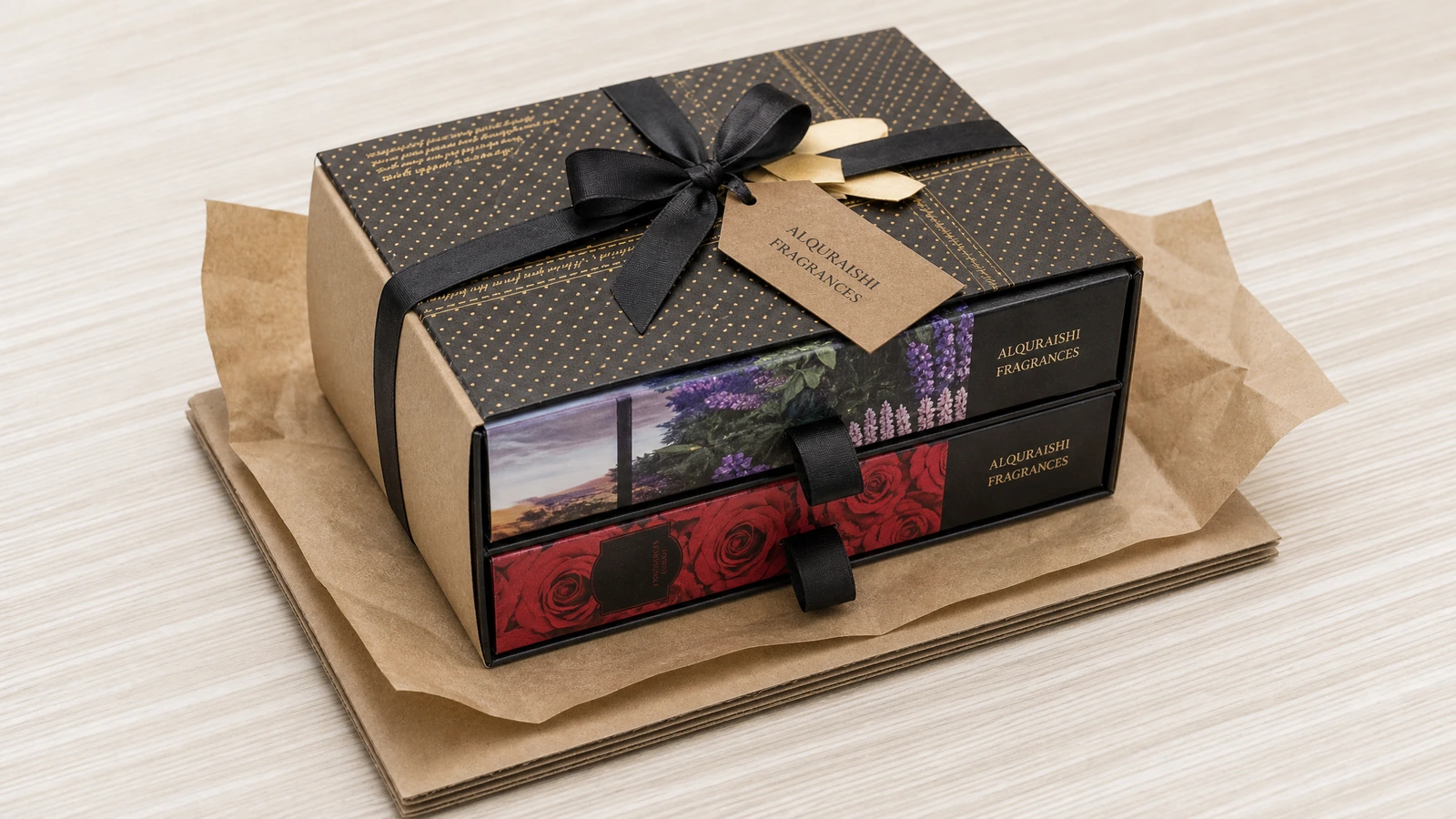 Tiga kotak hadiah model laci ditumpuk di atas kertas kraft dengan pita dan label hadiah