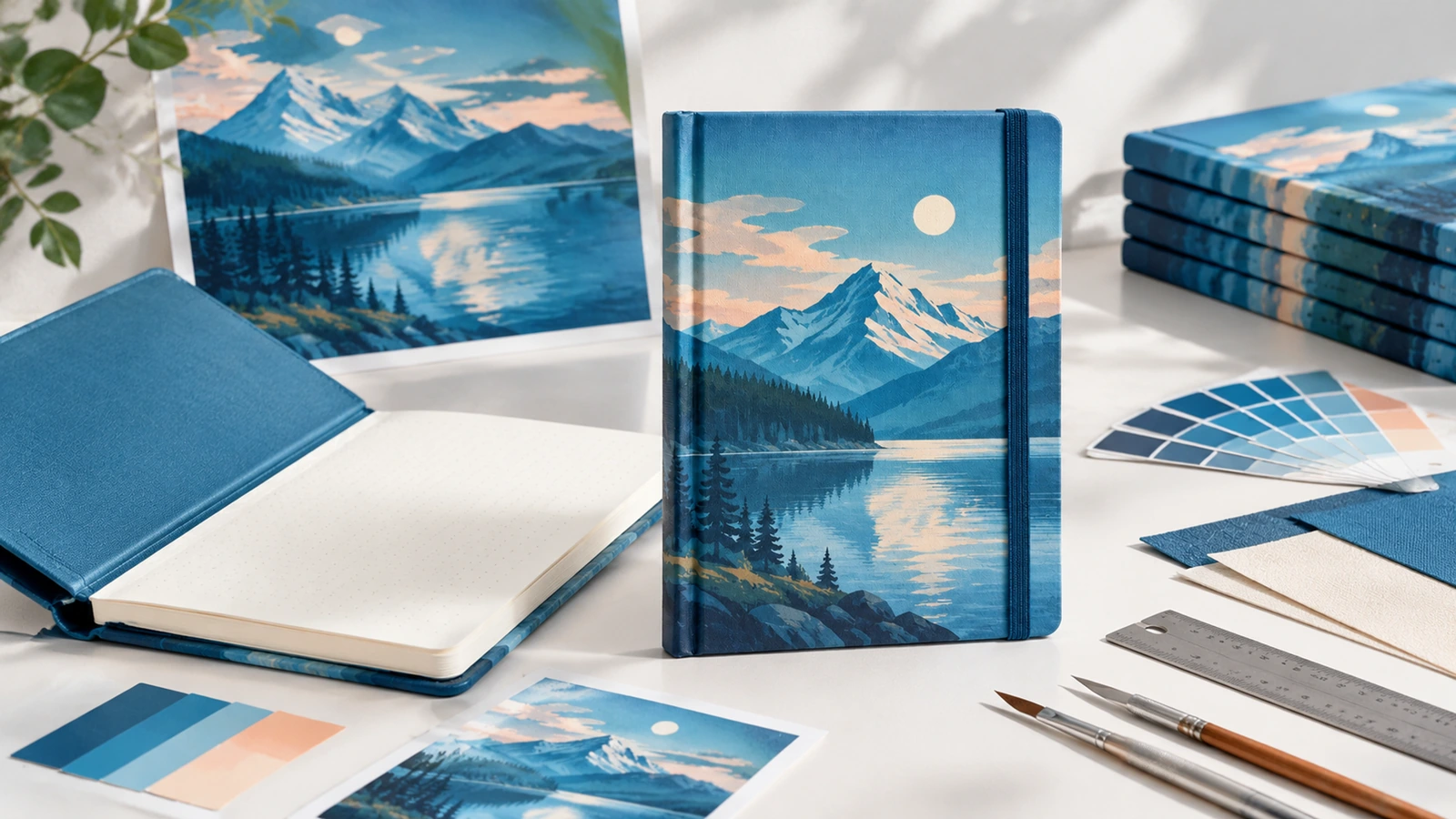 Konsep desain buku catatan bersampul keras Ilustrasi buku catatan bersampul keras bertema danau pegunungan di samping desain cetak, contoh warna, dan alat desain