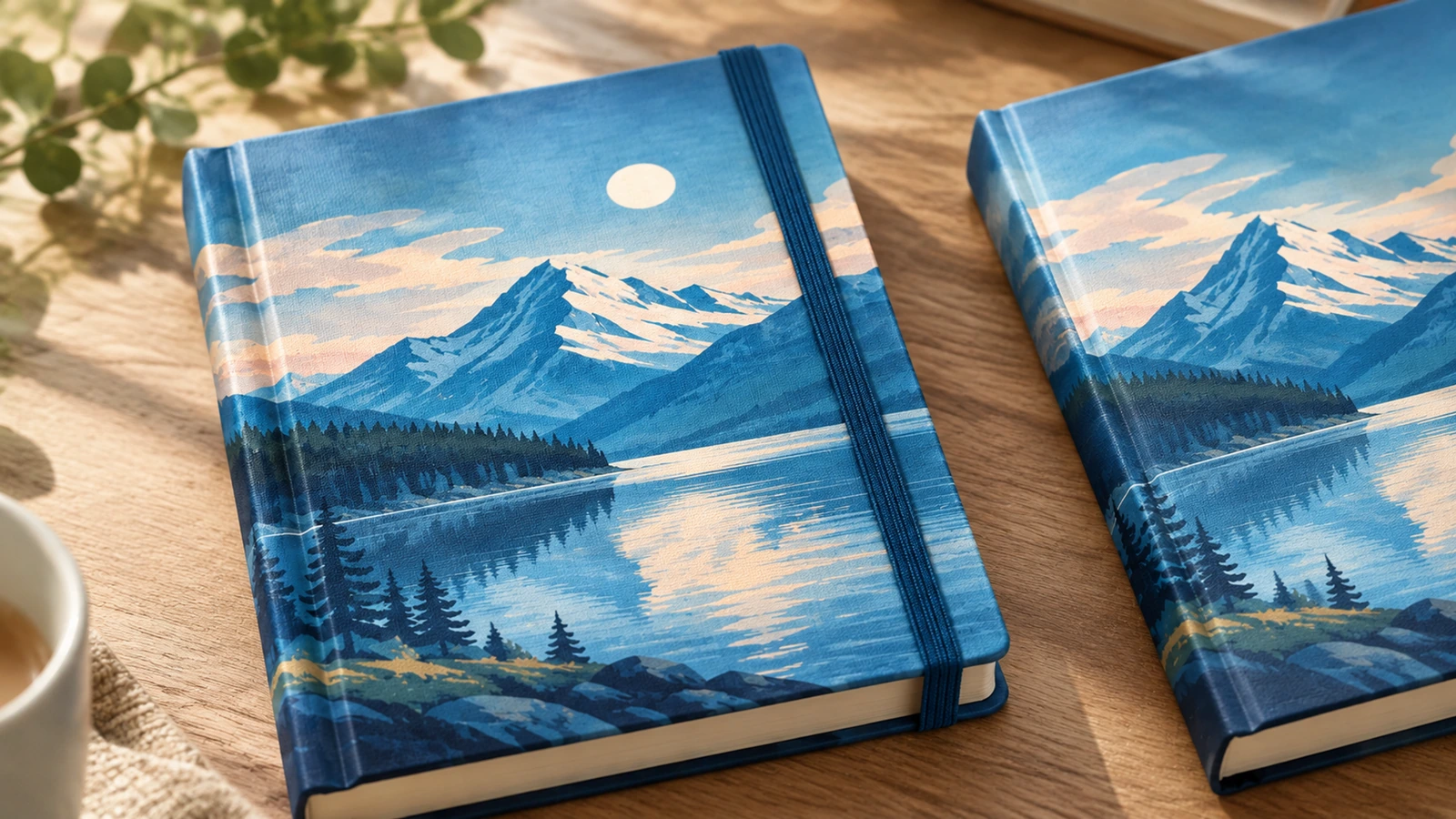 Buku catatan bersampul keras cetak Ilustrasi buku catatan bersampul keras bertema danau pegunungan di atas meja kayu