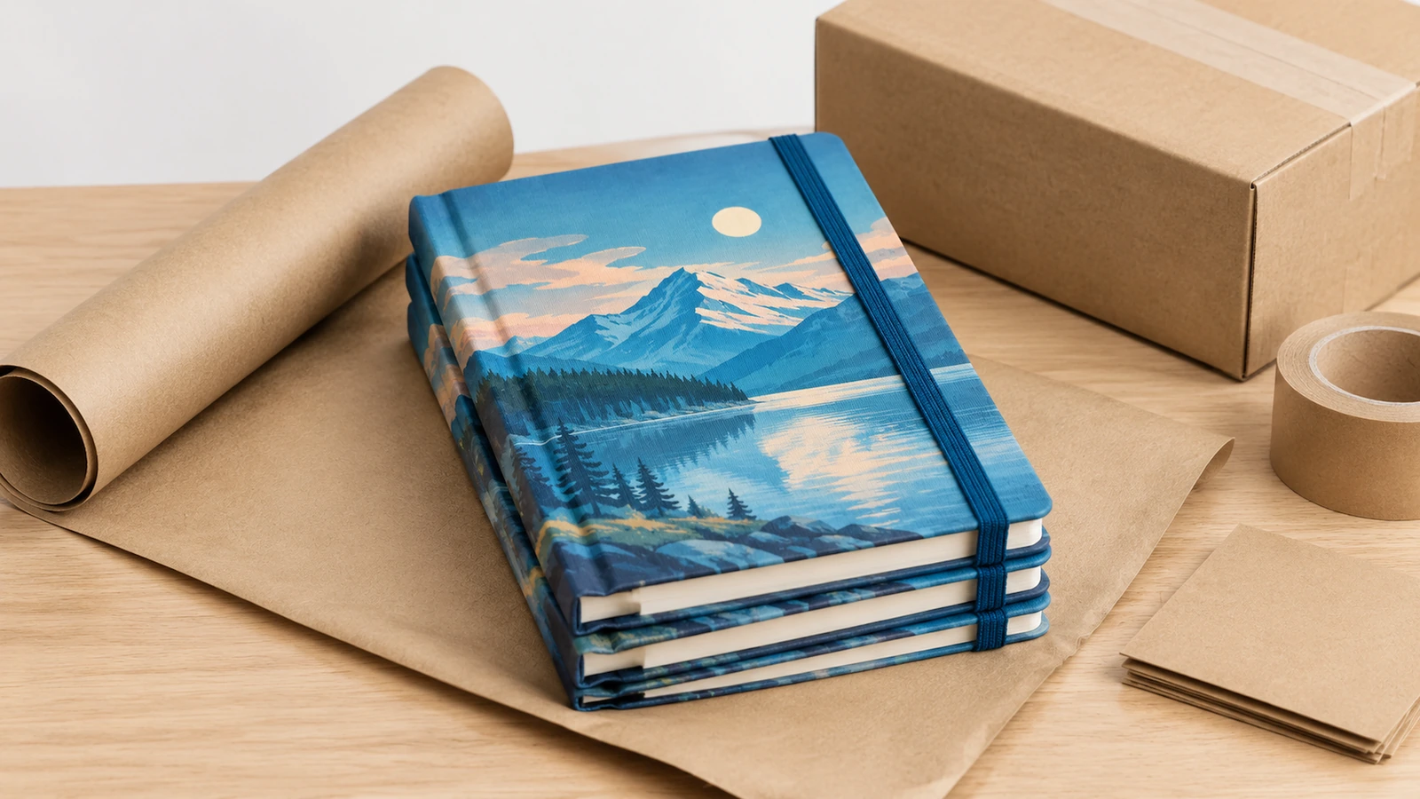 Tumpukan buku catatan dan bahan kemasan Ilustrasi tumpukan buku catatan bertema danau pegunungan di samping kotak karton dan kertas kemas kraft