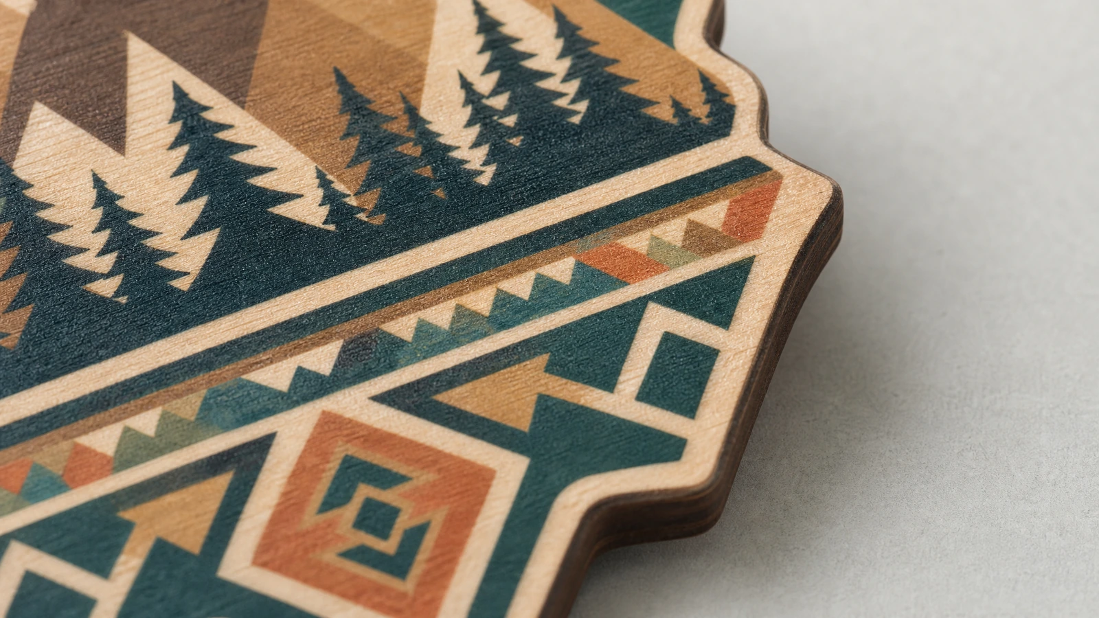 Close-up ilustratif artwork gunung dan geometris berwarna pada permukaan kayu berbentuk